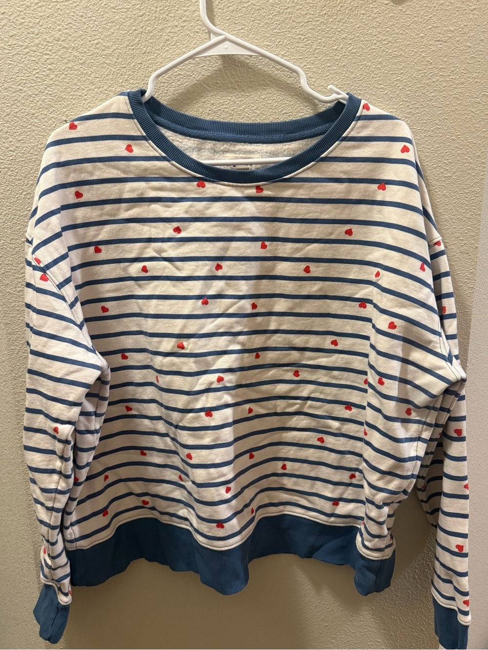Pact Blue & White Striped Sweatshirt with Red Heart Print